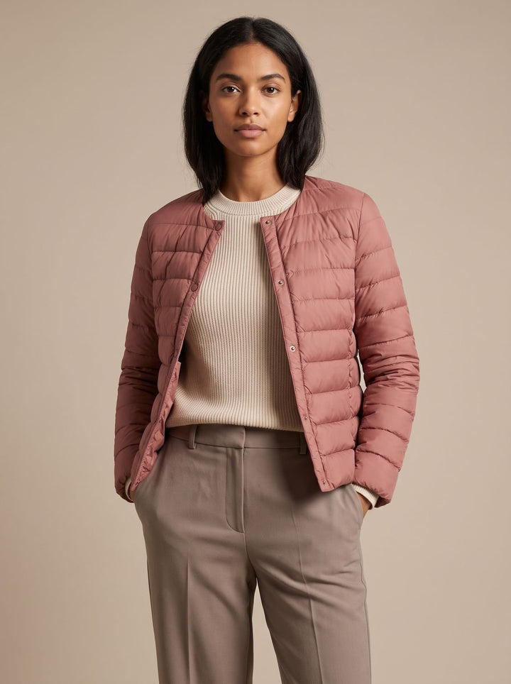 Women's Slim-Fit Collarless Quilted Puffer Jacket - Pink