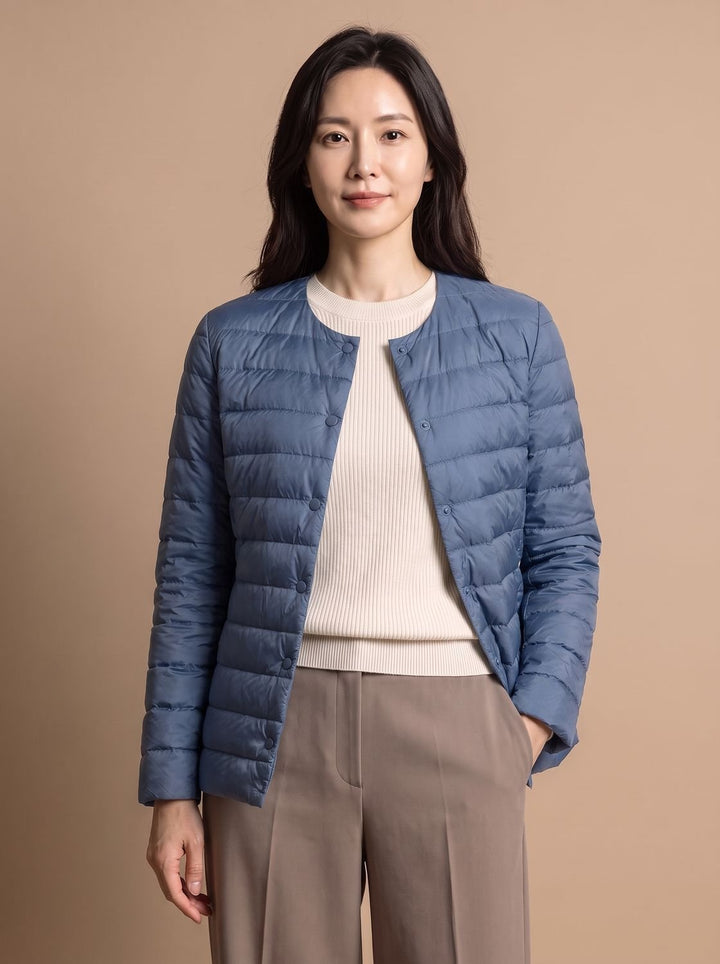 Women's Slim-Fit Collarless Quilted Puffer Jacket - Haze Blue