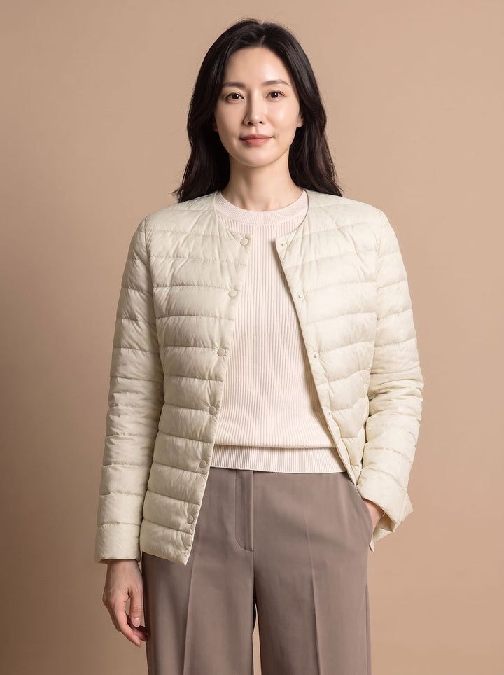 Women's Slim-Fit Collarless Quilted Puffer Jacket - Off White