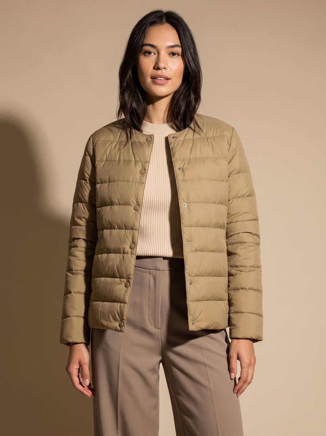 Women's Slim-Fit Collarless Quilted Puffer Jacket - Camel
