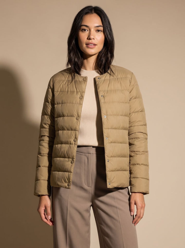 Women's Slim-Fit Collarless Quilted Puffer Jacket - Camel