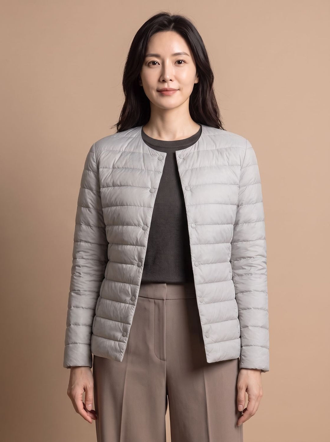 Women's Slim-Fit Collarless Quilted Puffer Jacket - Light Gray