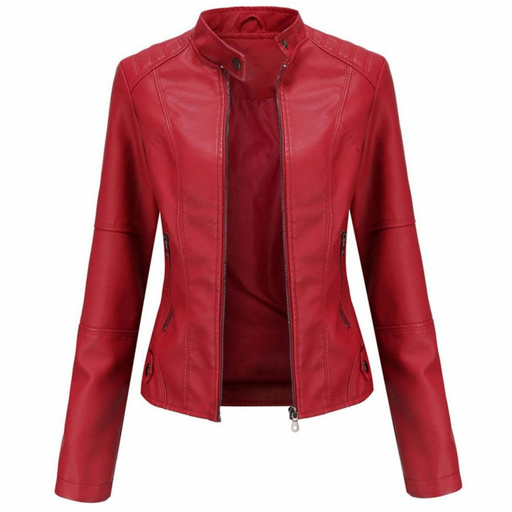 Women's Slim-Fit Faux Leather Zip-Up Biker Jacket - Red