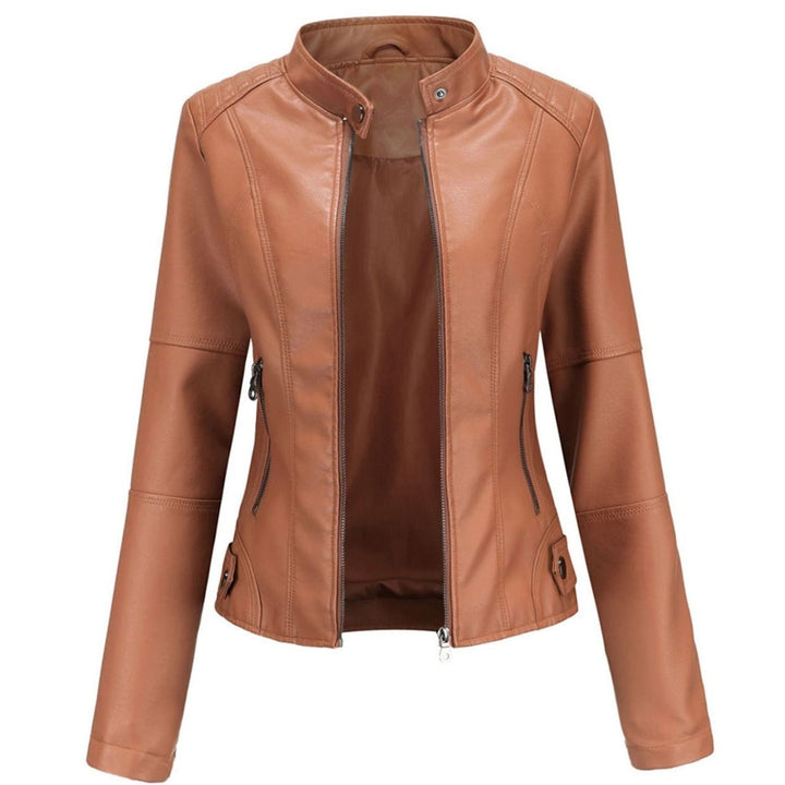 Women's Slim-Fit Faux Leather Zip-Up Biker Jacket - Brown