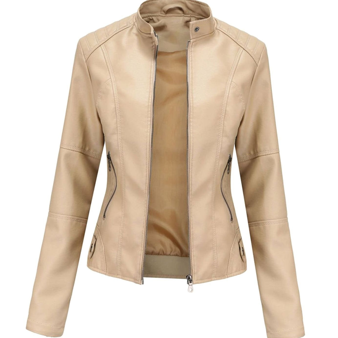 Women's Slim-Fit Faux Leather Zip-Up Biker Jacket - Beige