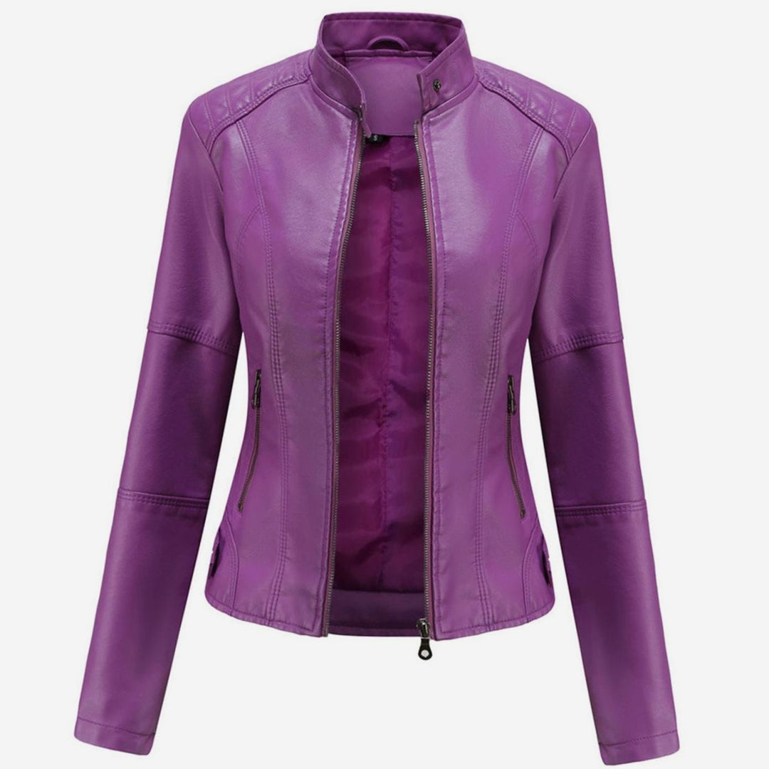Women's Slim-Fit Faux Leather Zip-Up Biker Jacket - Purple