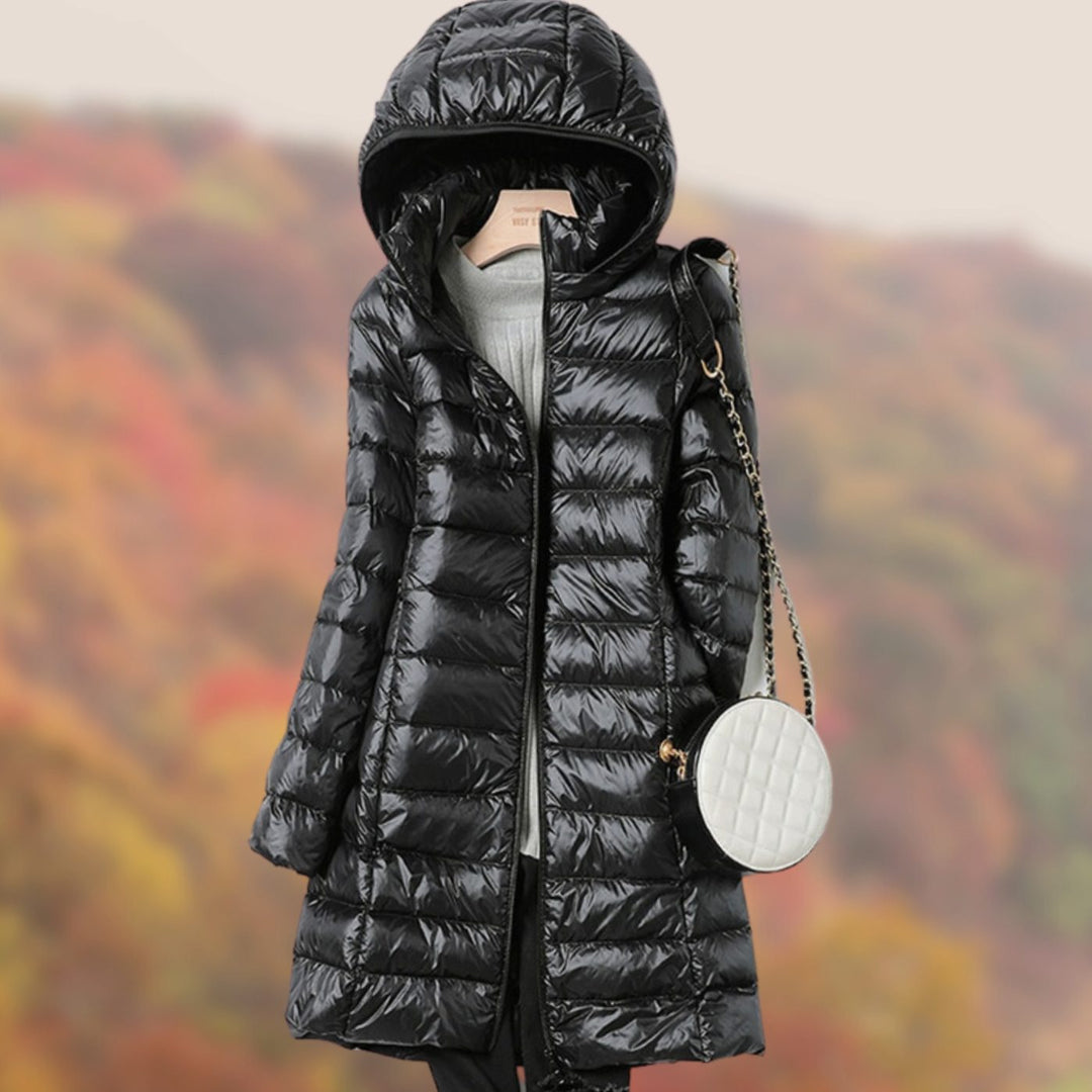 Women's Slim-Fit Hooded Long Puffer Jacket - Black