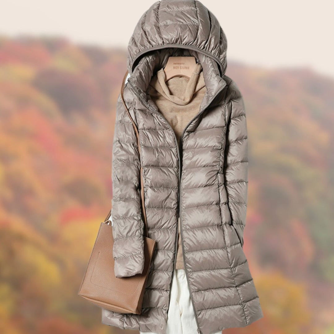 Women's Slim-Fit Hooded Long Puffer Jacket - Khaki