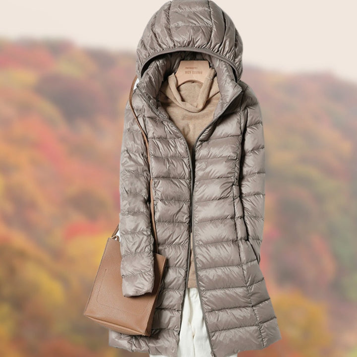 Women's Slim-Fit Hooded Long Puffer Jacket - Khaki