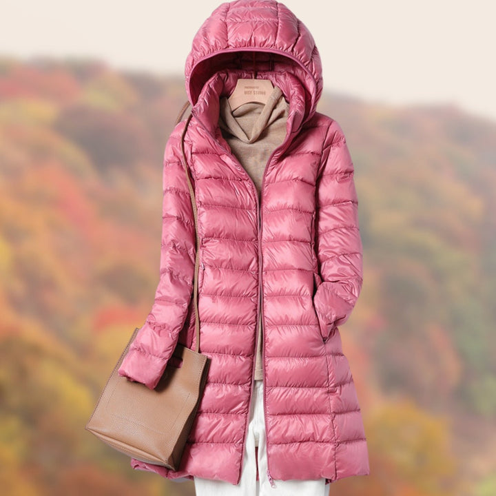 Women's Slim-Fit Hooded Long Puffer Jacket - Pink