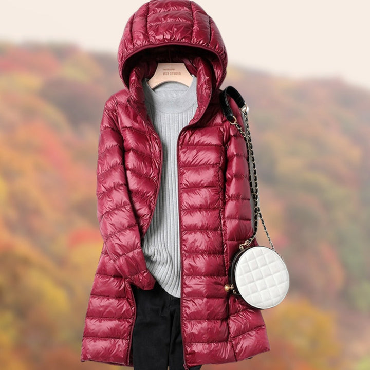 Women's Slim-Fit Hooded Long Puffer Jacket - Burgundy