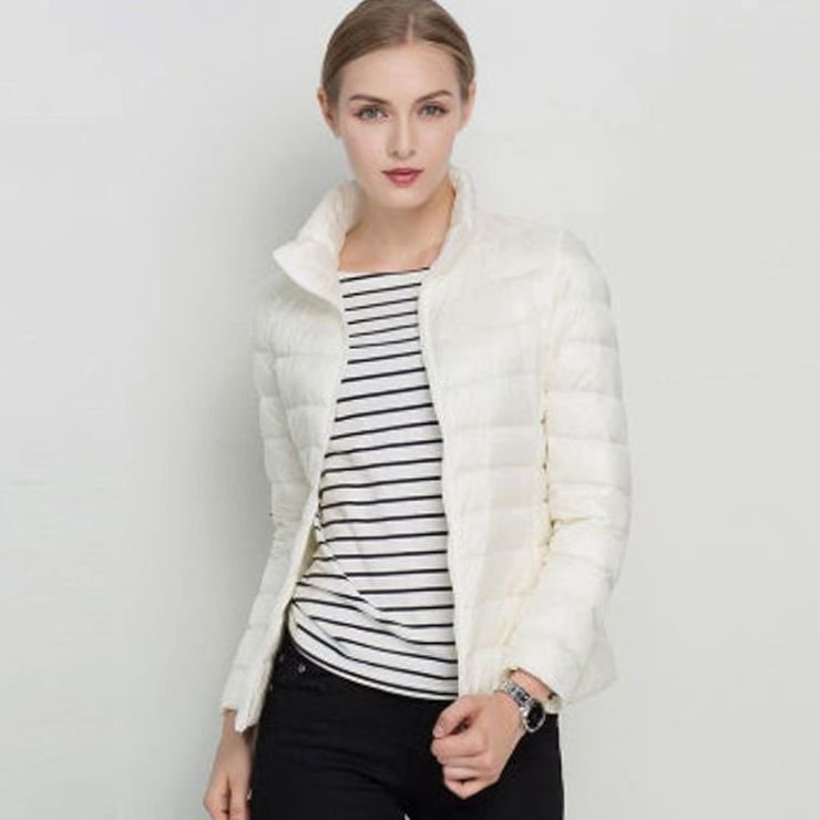 Women's Slim-Fit Lightweight Puffer Winter Coat Stand Collar - White