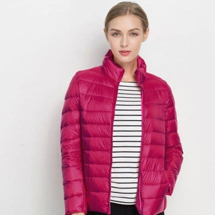 Women's Slim-Fit Lightweight Puffer Winter Coat Stand Collar - Fuchsia