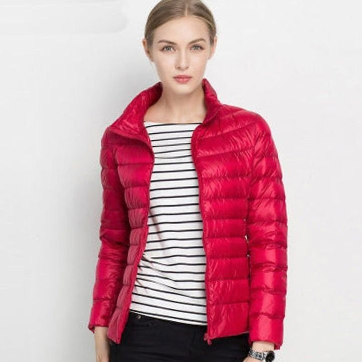 Women's Slim-Fit Lightweight Puffer Winter Coat Stand Collar - Red