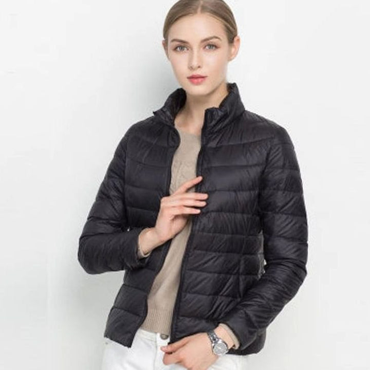 Women's Slim-Fit Lightweight Puffer Winter Coat Stand Collar - Black