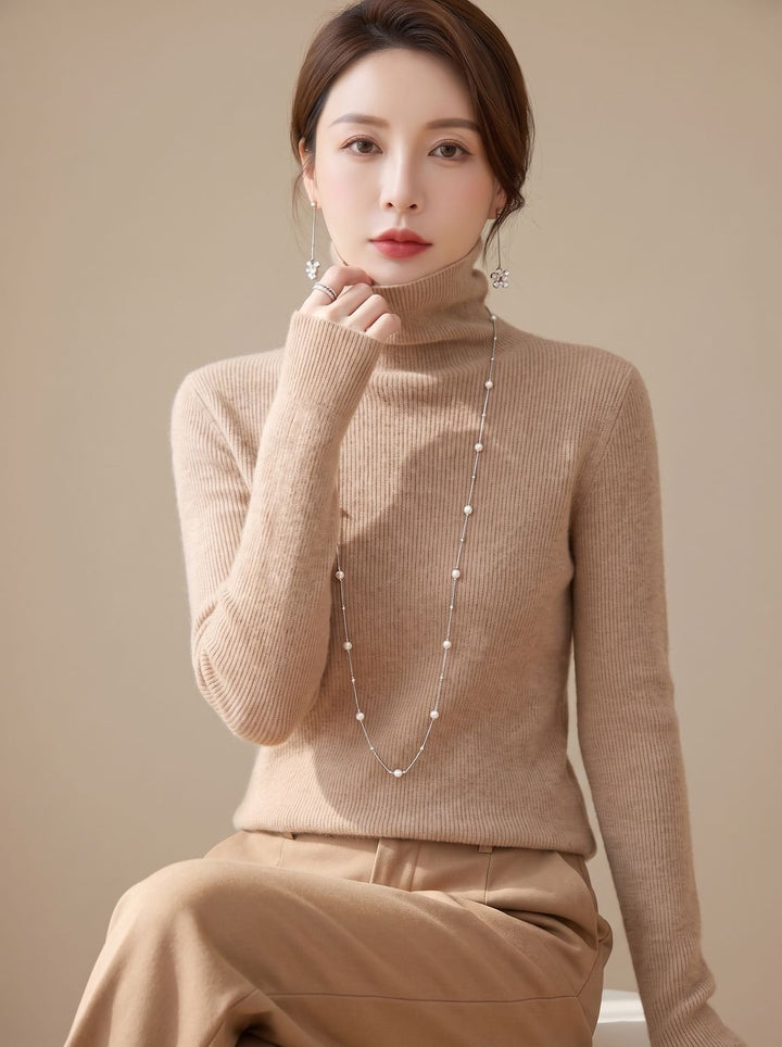 Women's Slim Fit Turtleneck Ribbed Knit Sweater - Beige Taupe