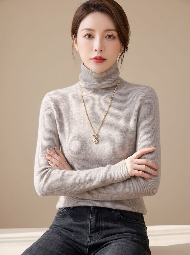 Women's Slim Fit Turtleneck Ribbed Knit Sweater - Light Oat Beige