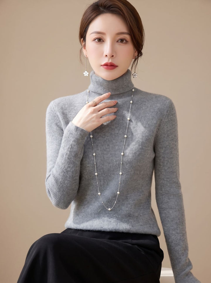Women's Slim Fit Turtleneck Ribbed Knit Sweater - Medium Gray