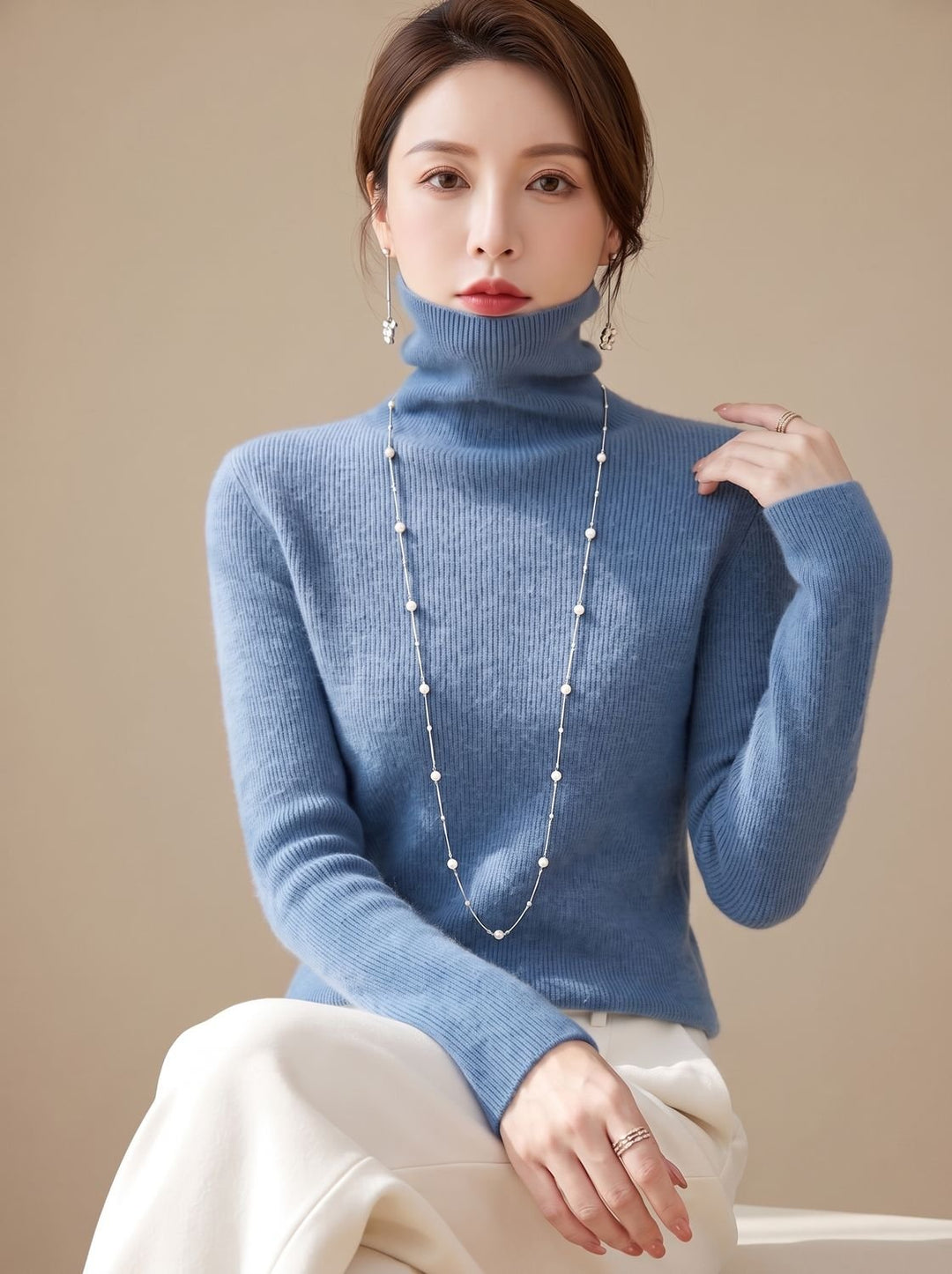 Women's Slim Fit Turtleneck Ribbed Knit Sweater - Fog Blue