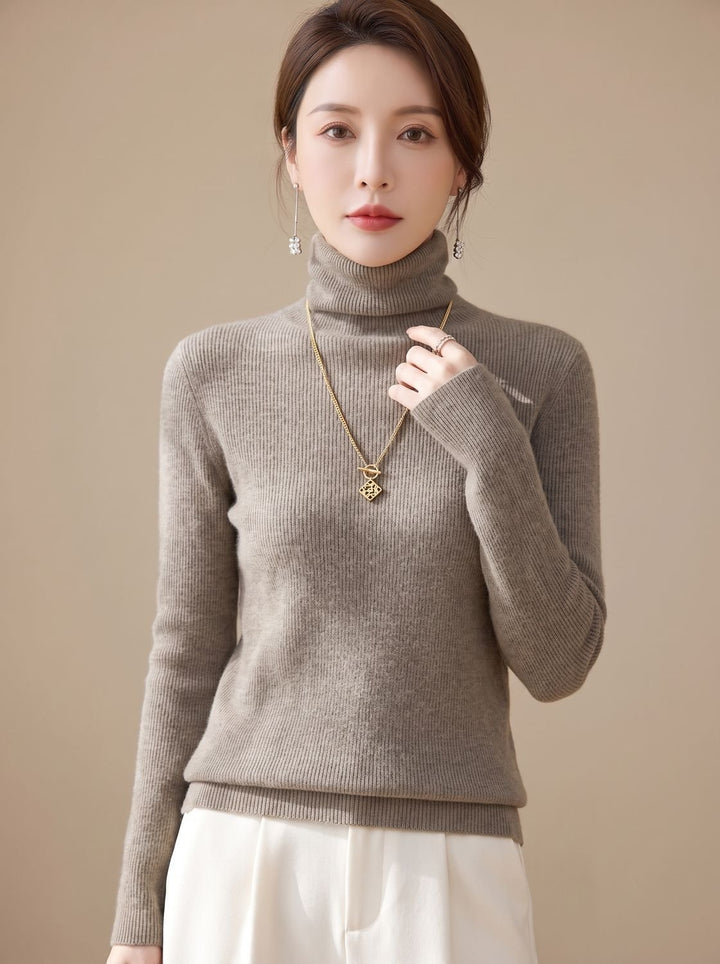 Women's Slim Fit Turtleneck Ribbed Knit Sweater - Suede Camel
