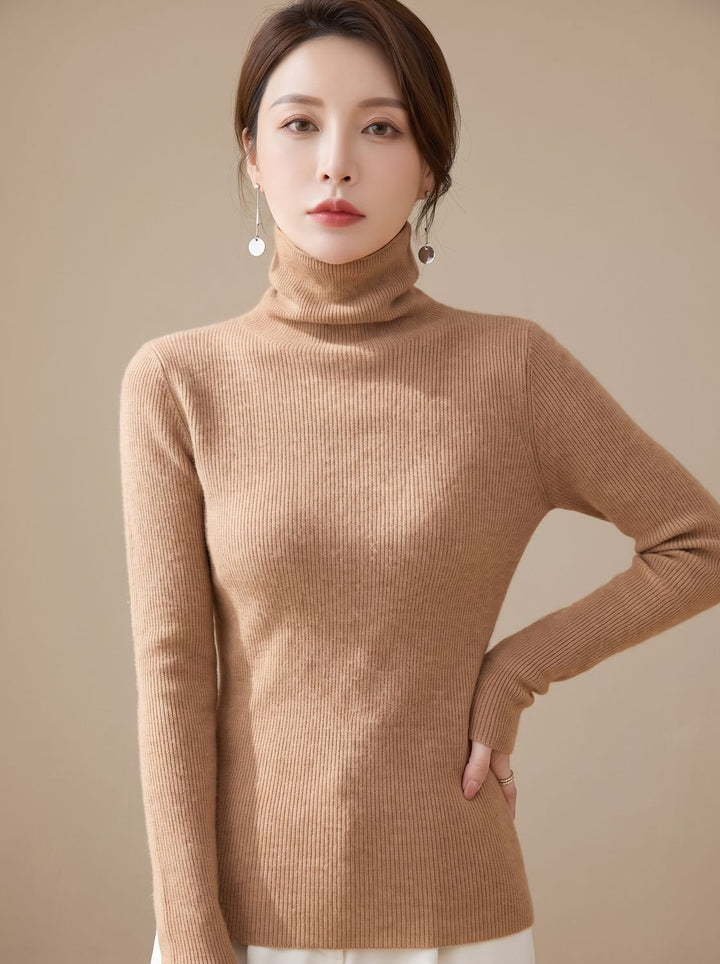 Women's Slim Fit Turtleneck Ribbed Knit Sweater - Gold Sand Camel