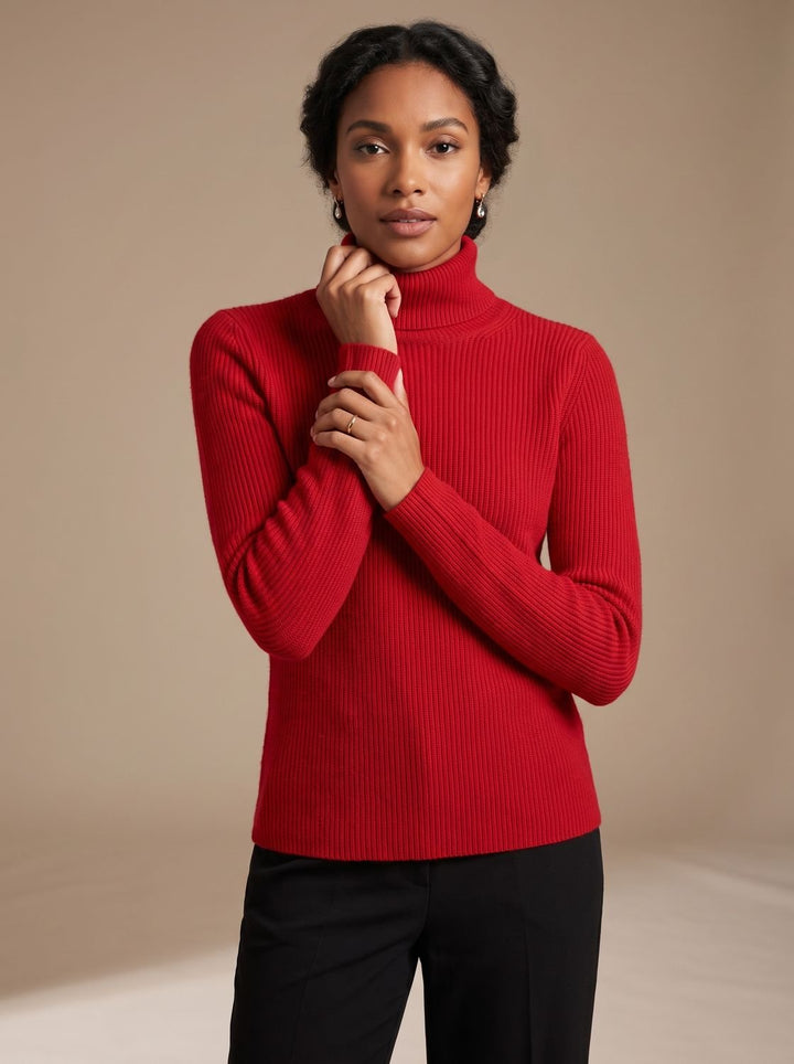 Women's Slim Fit Turtleneck Ribbed Knit Sweater - Cherry Red