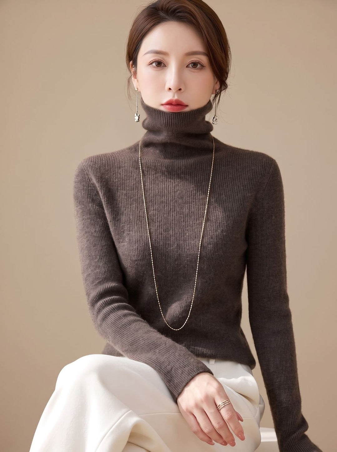 Women's Slim Fit Turtleneck Ribbed Knit Sweater - Silk Fog Brown