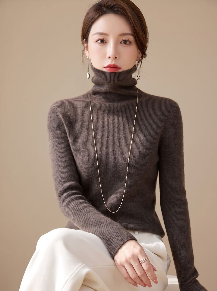 Women's Slim Fit Turtleneck Ribbed Knit Sweater - Silk Fog Brown