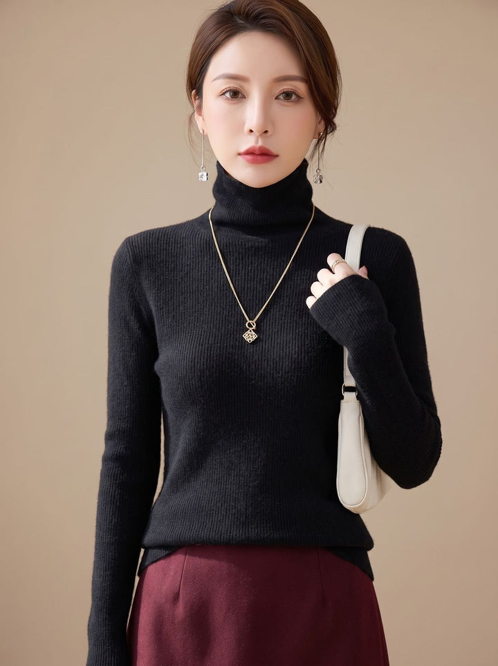 Women's Slim Fit Turtleneck Ribbed Knit Sweater - Classic Black