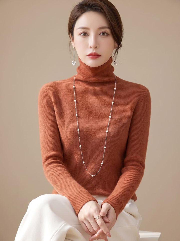 Women's Slim Fit Turtleneck Ribbed Knit Sweater - Light Caramel