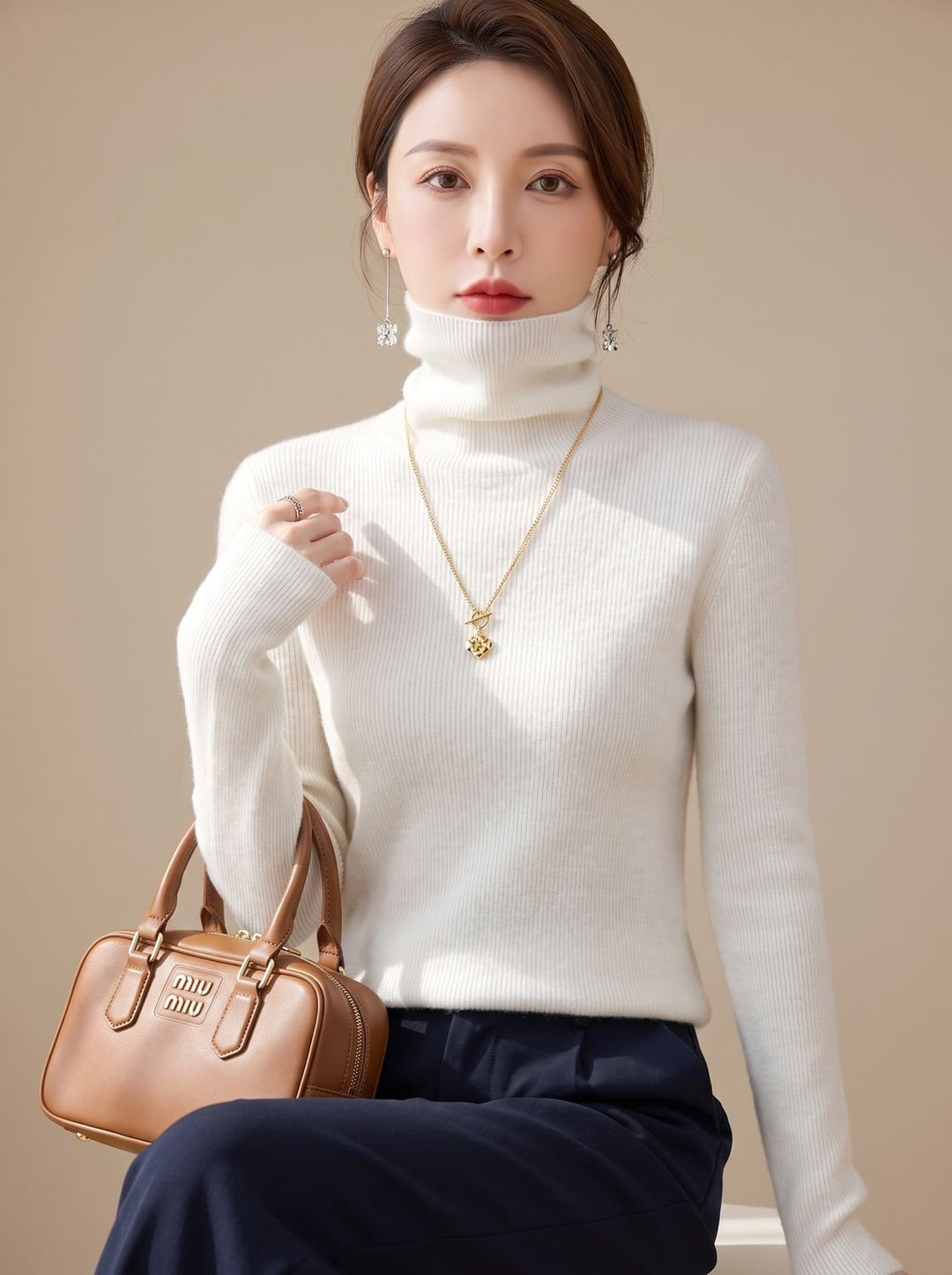 Women's Slim Fit Turtleneck Ribbed Knit Sweater - Ivory White