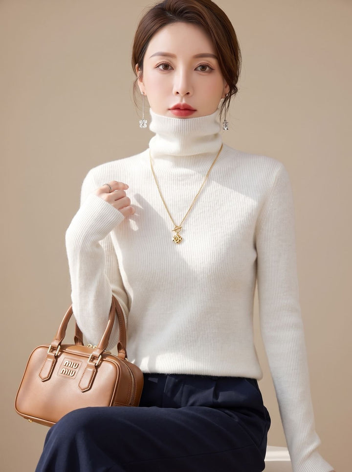 Women's Slim Fit Turtleneck Ribbed Knit Sweater - Ivory White
