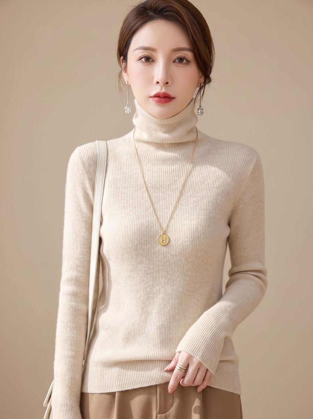 Women's Slim Fit Turtleneck Ribbed Knit Sweater - Suede Beige