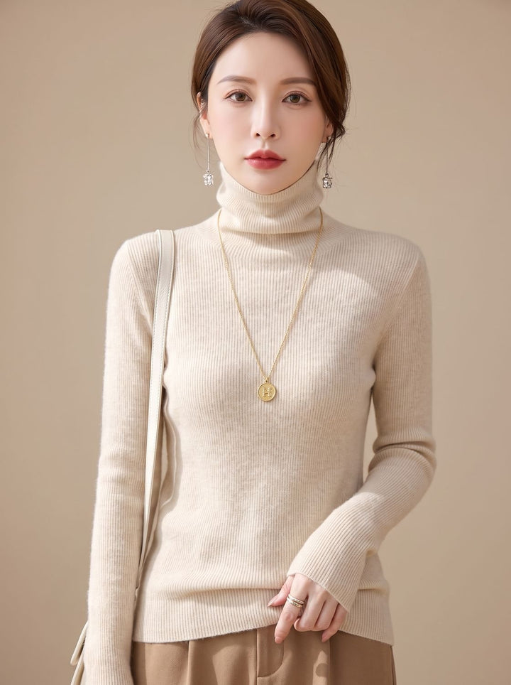 Women's Slim Fit Turtleneck Ribbed Knit Sweater - Suede Beige