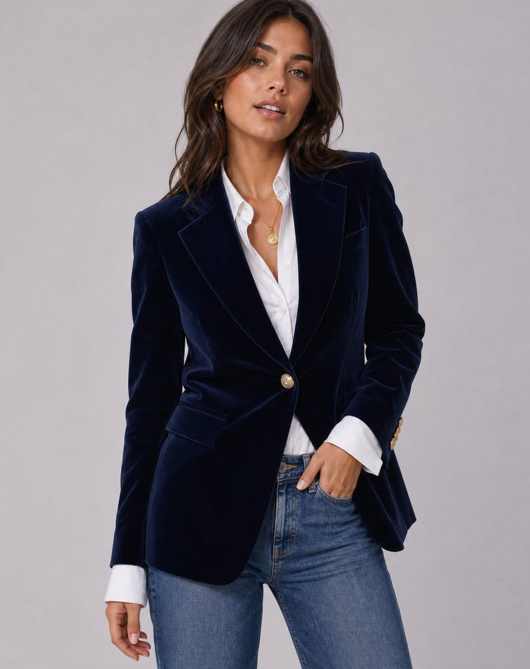 Women's Slim-Fit Velvet Gold-Button Blazer - Navy Blue