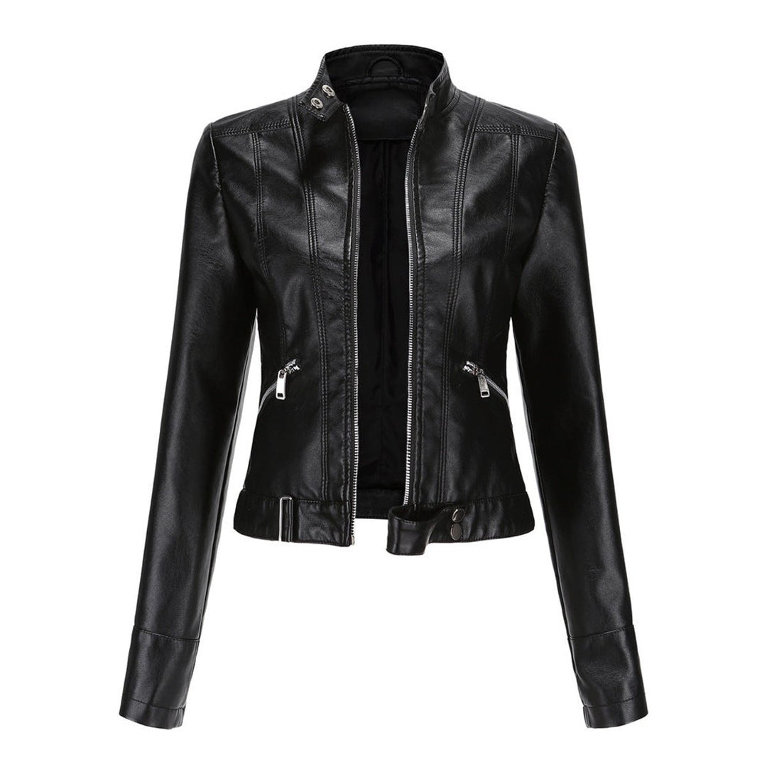 Women's Slim-Fit Zip-Up Faux Leather Jacket Stand Collar Moto Style - Black