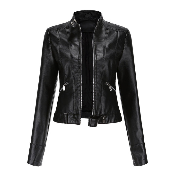 Women's Slim-Fit Zip-Up Faux Leather Jacket Stand Collar Moto Style - Black