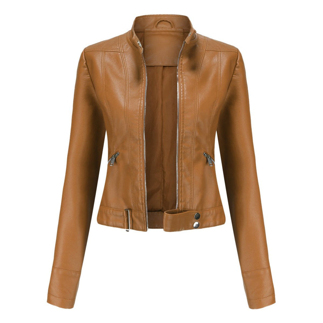 Women's Slim-Fit Zip-Up Faux Leather Jacket Stand Collar Moto Style - Light Brown