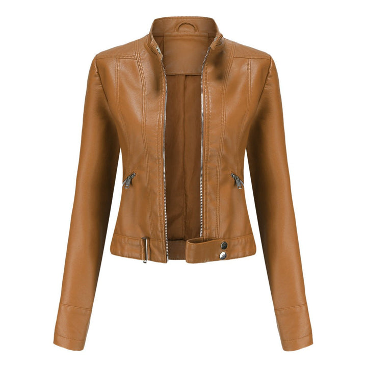 Women's Slim-Fit Zip-Up Faux Leather Jacket Stand Collar Moto Style - Light Brown