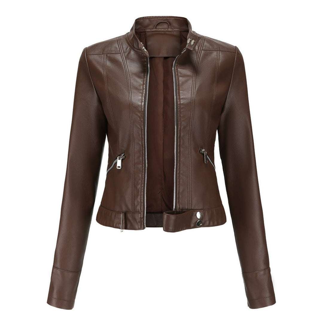 Women's Slim-Fit Zip-Up Faux Leather Jacket Stand Collar Moto Style - Brown