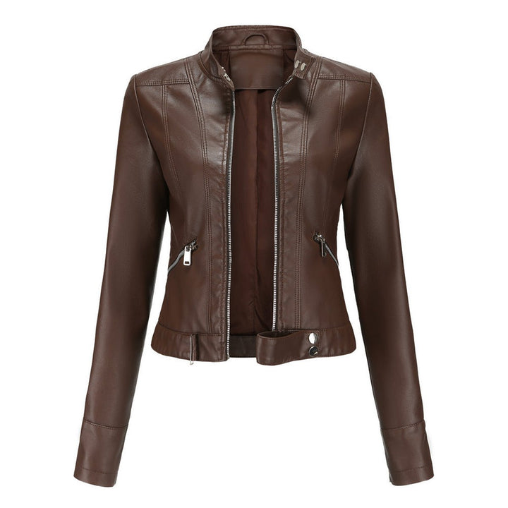 Women's Slim-Fit Zip-Up Faux Leather Jacket Stand Collar Moto Style - Brown