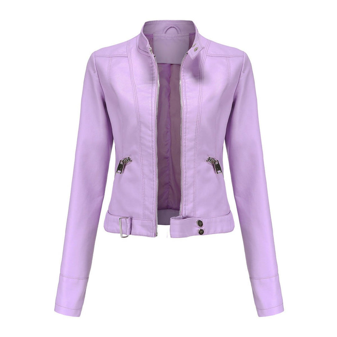 Women's Slim-Fit Zip-Up Faux Leather Jacket Stand Collar Moto Style - Lilac