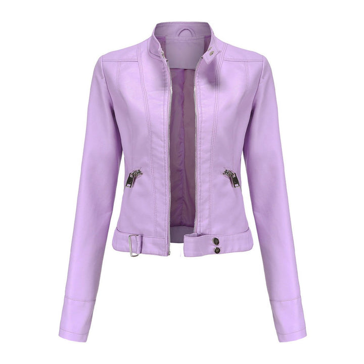 Women's Slim-Fit Zip-Up Faux Leather Jacket Stand Collar Moto Style - Lilac