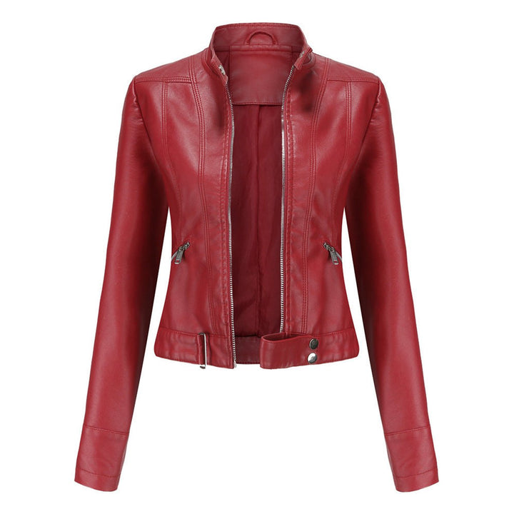 Women's Slim-Fit Zip-Up Faux Leather Jacket Stand Collar Moto Style - Red