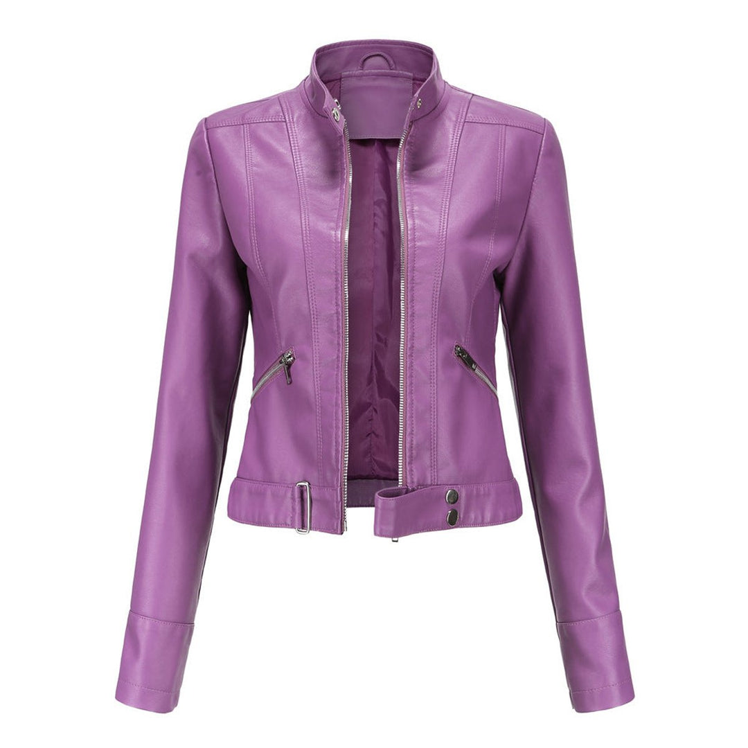 Women's Slim-Fit Zip-Up Faux Leather Jacket Stand Collar Moto Style - Dark Violet