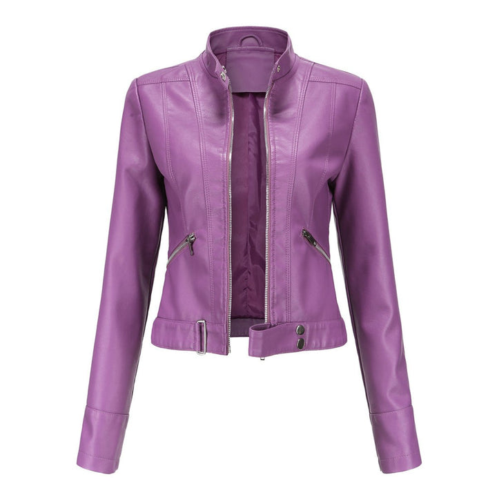 Women's Slim-Fit Zip-Up Faux Leather Jacket Stand Collar Moto Style - Dark Violet