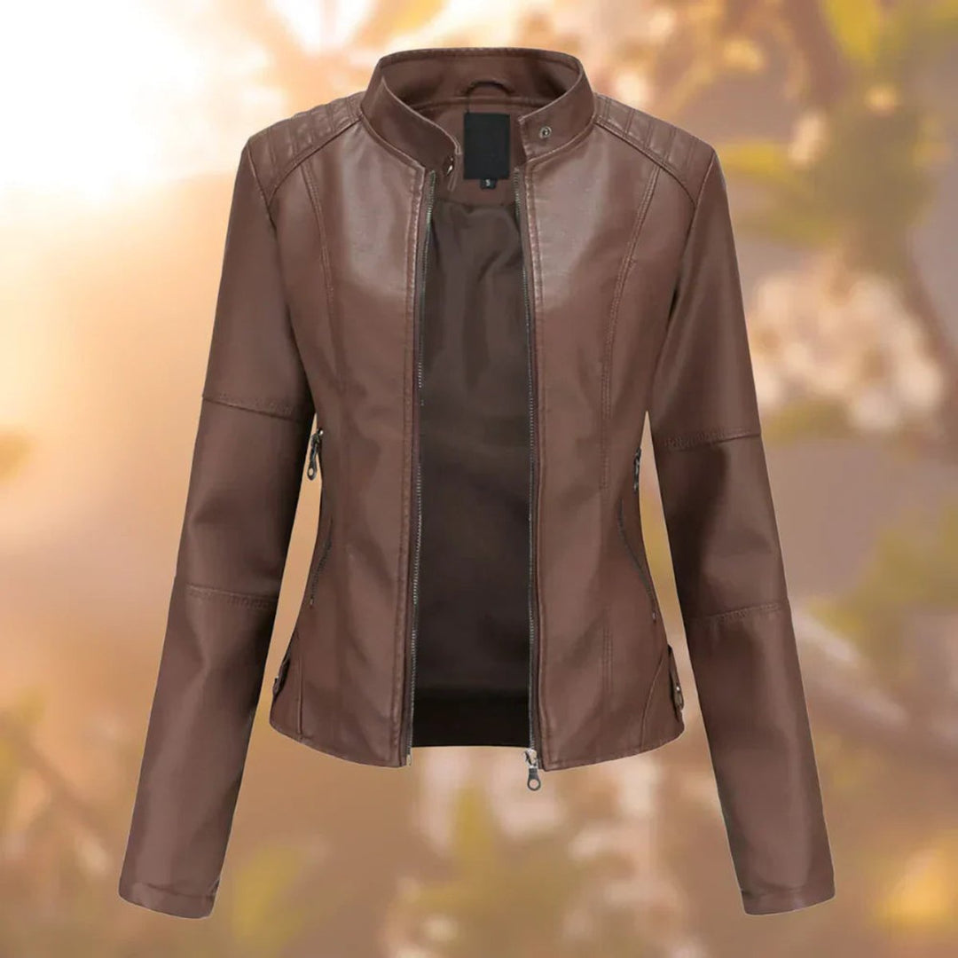 Women's Slim-Fit Zip-Up Moto Faux Leather Jacket - Dark Brown