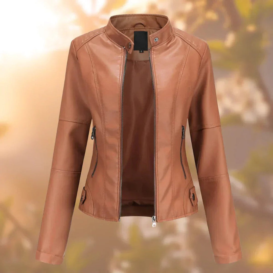 Women's Slim-Fit Zip-Up Moto Faux Leather Jacket - Brown