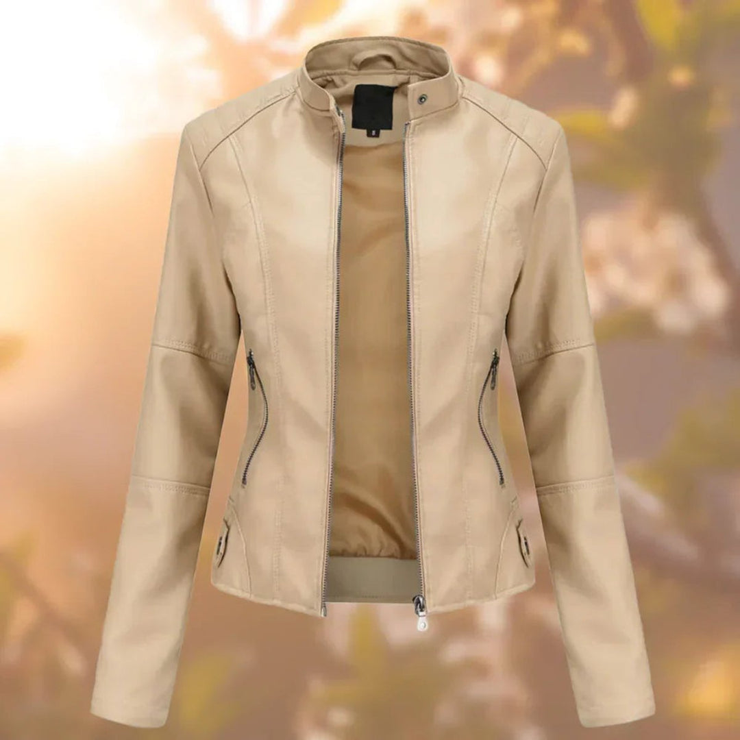 Women's Slim-Fit Zip-Up Moto Faux Leather Jacket - Beige