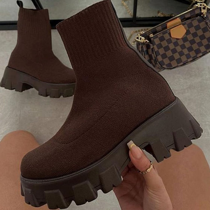 Women's Slip-On Chunky Heel Sock Boots Lug Sole - Brown